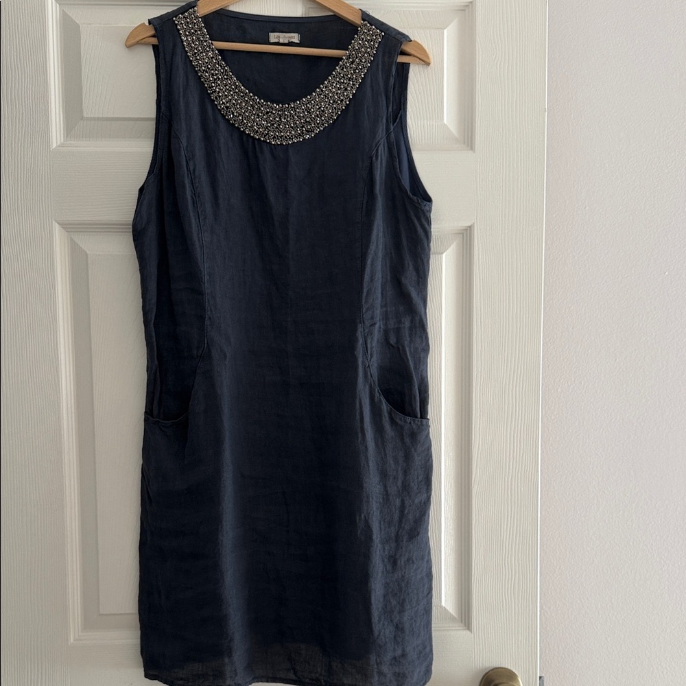 Chic Sleeveless Linen Navy Dress with Beaded Neckline